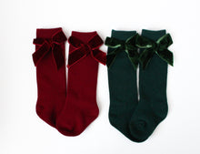 Load image into Gallery viewer, Velvet Bow Knee High Socks - Winter Green
