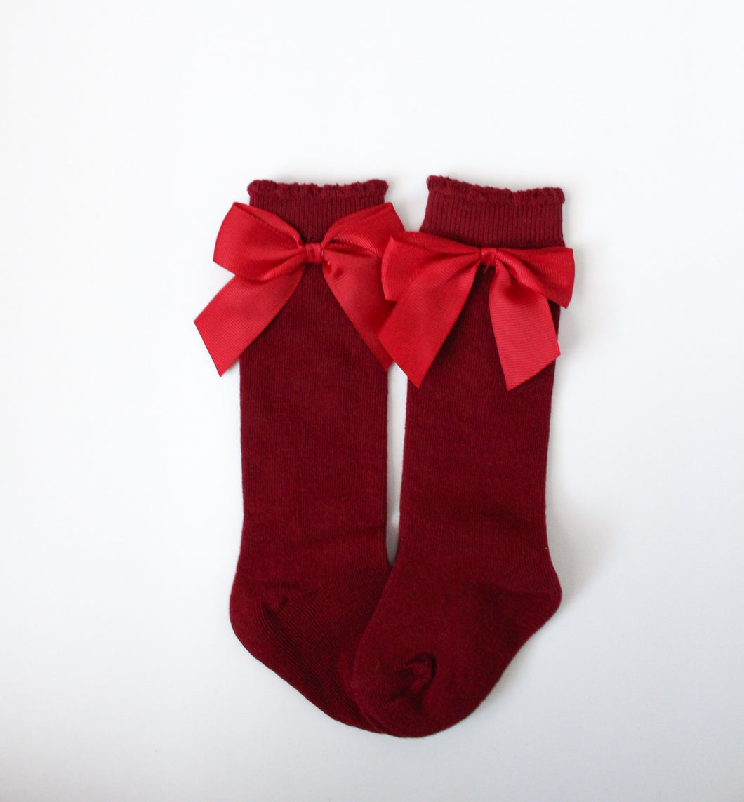 Satin Bow Knee High Socks - Red